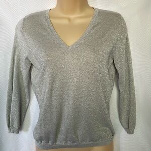 Knit Metallic Silver Mainbocher V-Neck Sweater
